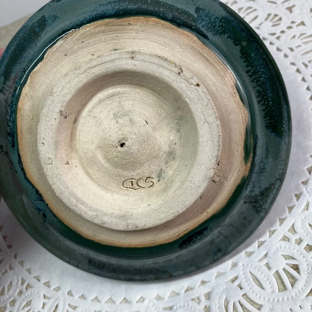 Studio Pottery Prickly Pear Ring Dish 4in Teal Green Handmade Ceramic Signed TCS